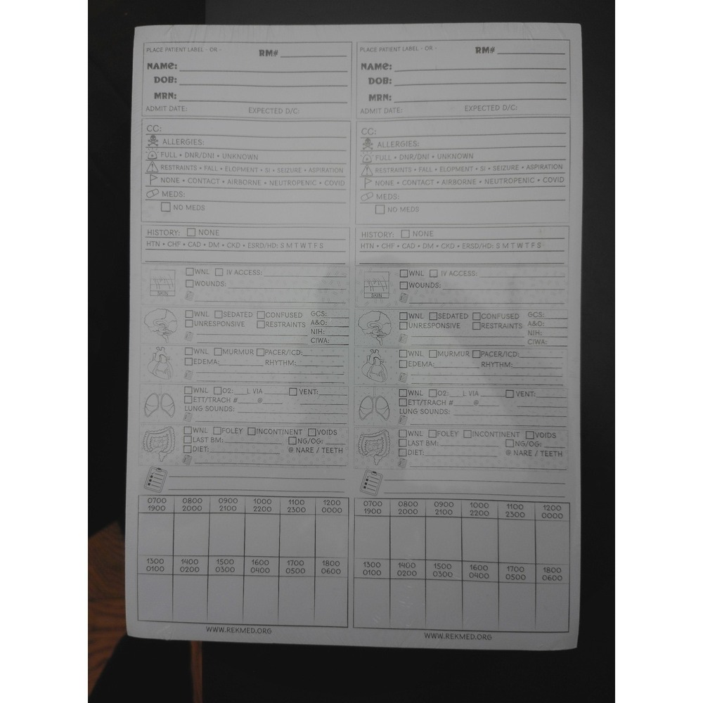 RekMed Nurse Brain Sheet Notepad Medical Report Organizer White Clinical Tool